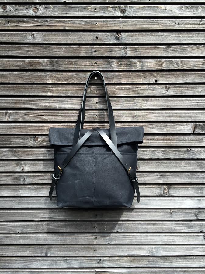 Image of Waxed canvas tote bag with leather handles and fold to close top / waterproof tote bag