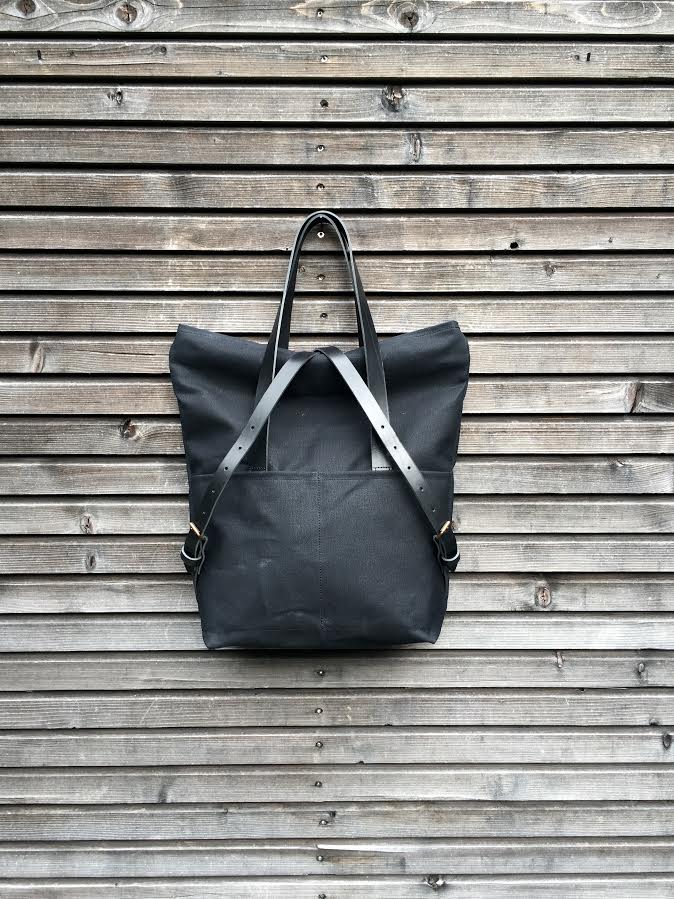Image of Waxed canvas tote bag with leather handles and fold to close top / waterproof tote bag
