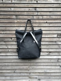 Image 5 of Waxed canvas tote bag with leather handles and fold to close top / waterproof tote bag