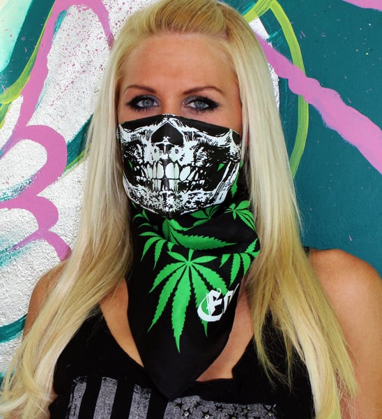 Image of GLOW in the dark skull on Marijuana Cannabis ganja print bandana Bandana Skull Mask calavera