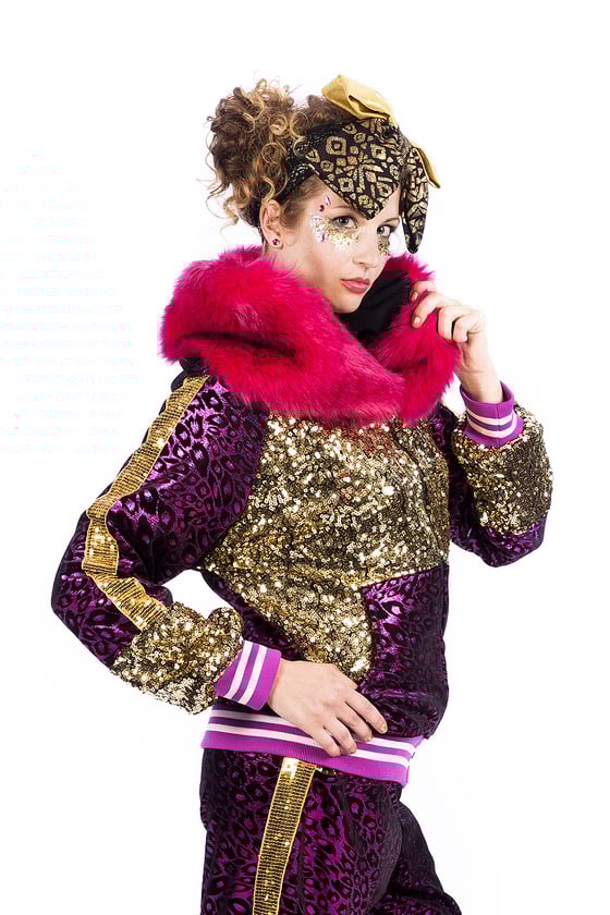 Image of Super Deluxe Sequin Panel Hoody / Jacket (Unisex) - Magenta & Gold Leopard  
