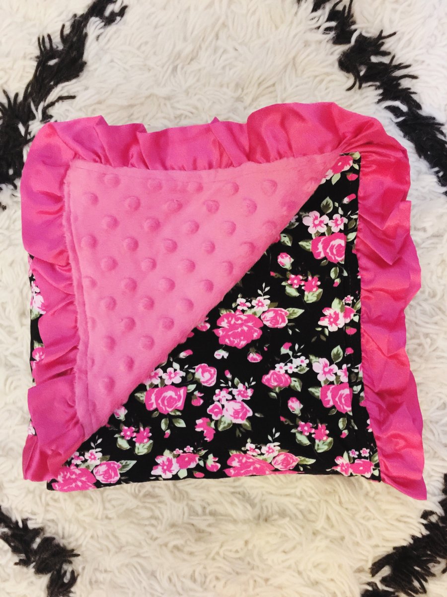 Infantile — Black Vintage Floral and Pink Minky Baby Blanket with Pink