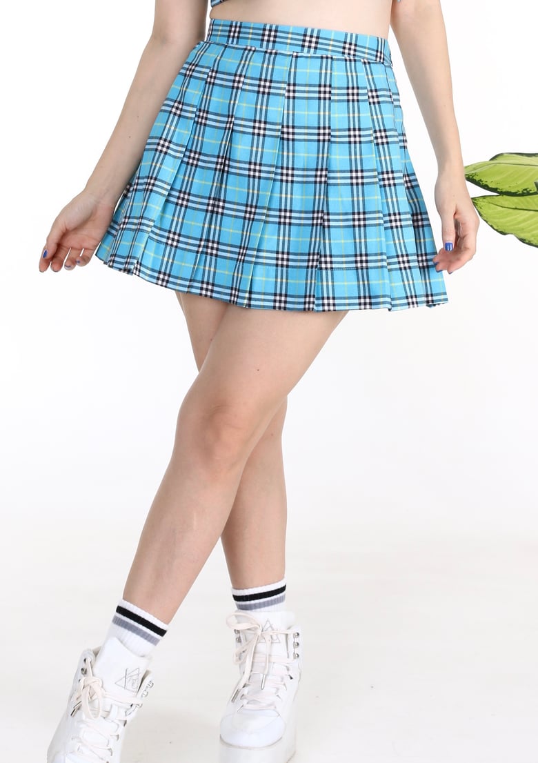 Image of Pre Order - Light Blue Tartan Pleated Skirt By GFD