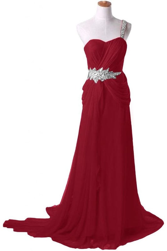 Elegant One Shoulder Chiffon Wine Red Prom Dresses, Bridesmaid Dresses ...