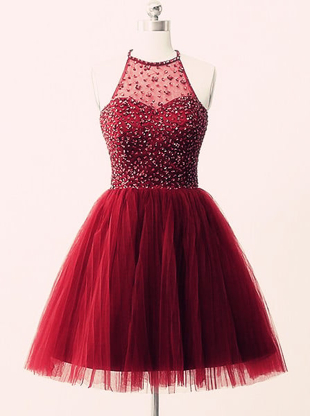 Beautiful Wine Red Halter Tulle Short Prom Dresses, Homecoming Dresses | BeMyBridesmaid Beautiful Wine Red Halter Tulle Short Prom Dresses, Homecoming Dresses | BeMyBridesmaid