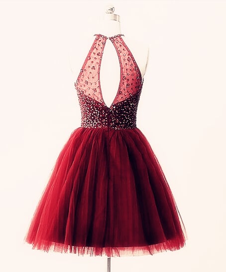 Beautiful Wine Red Halter Tulle Short Prom Dresses, Homecoming Dresses