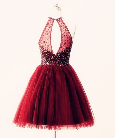 Beautiful Wine Red Halter Tulle Short Prom Dresses, Homecoming Dresses | BeMyBridesmaid Beautiful Wine Red Halter Tulle Short Prom Dresses, Homecoming Dresses | BeMyBridesmaid