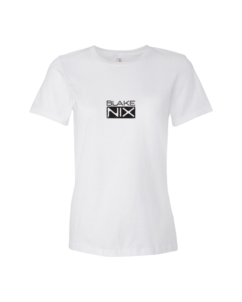 Image of Woman's white t-shirt with Blake Nix block logo