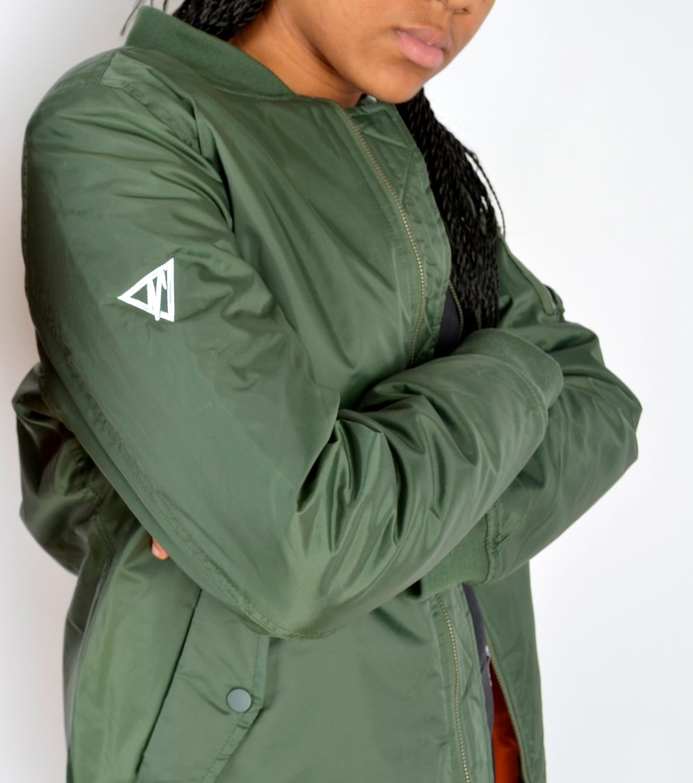 Image of Womens Long Olive Bomber Jacket