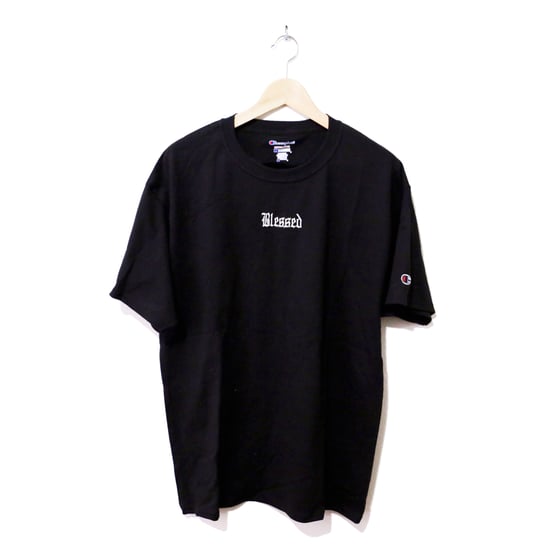 Image of BLESSED EMBROIDERED CHAMPION® TEE (BLACK)