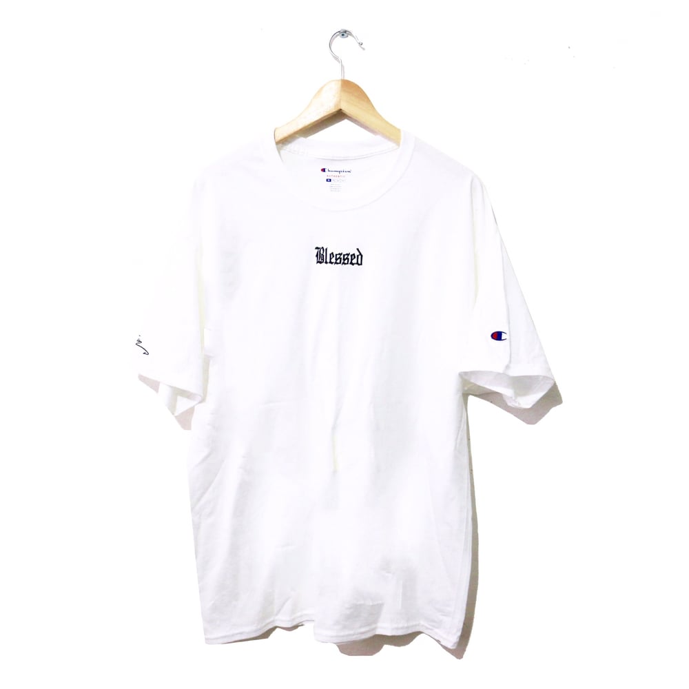 Image of BLESSED EMBROIDERED CHAMPION® TEE (WHITE)