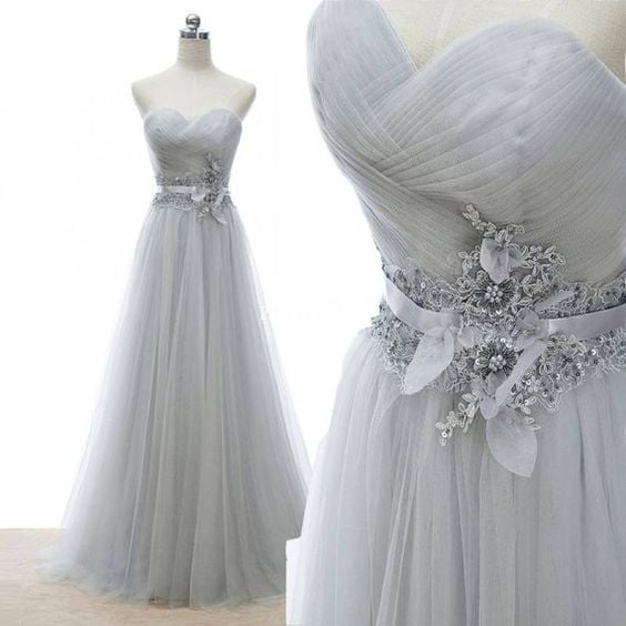 Elegant Tulle Long Sweetheart Prom Gown with Lace Applique, Prom Dresses, Party Gowns