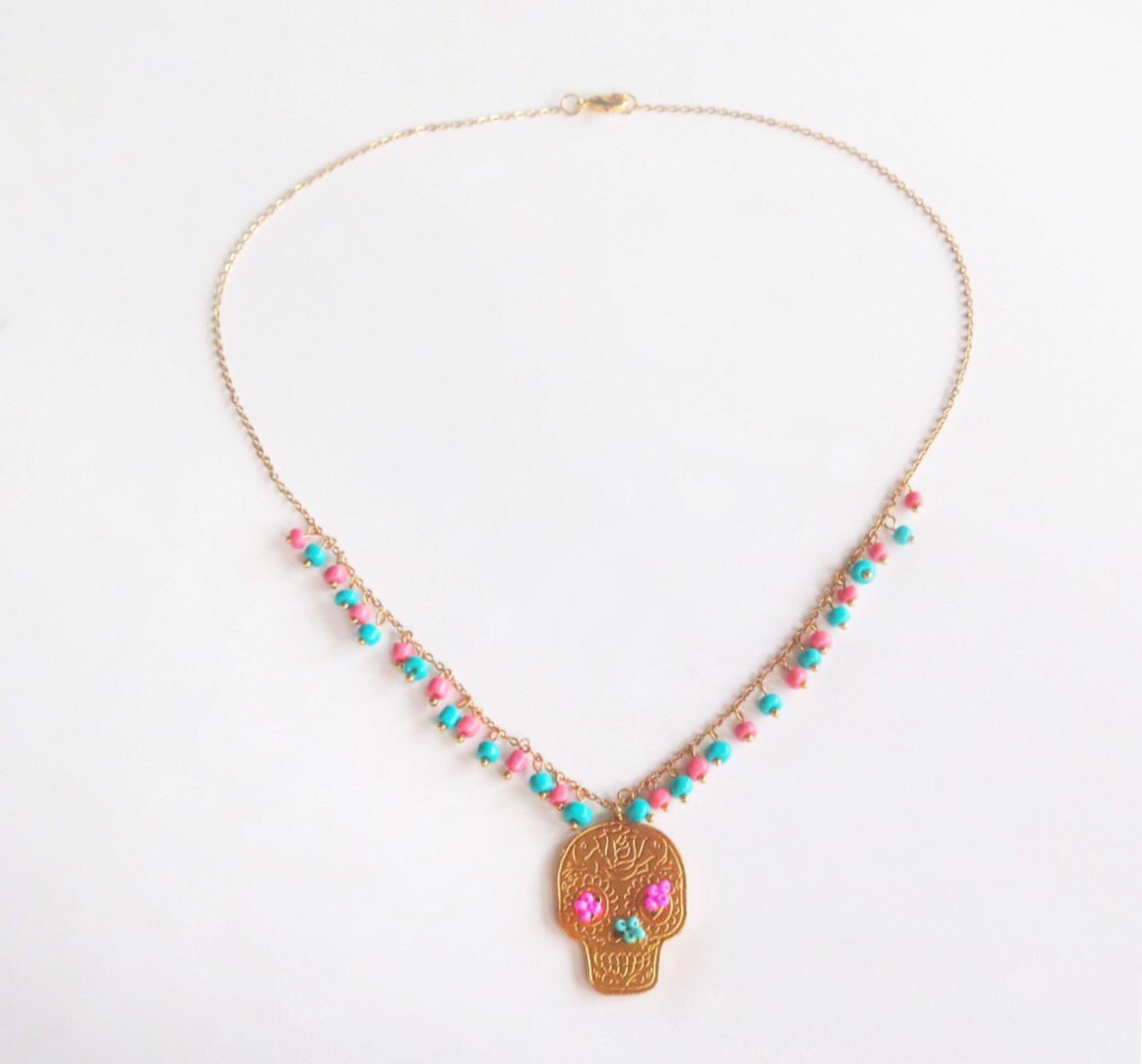 Image of Sugar Skull Turquoise and Salmon Necklace