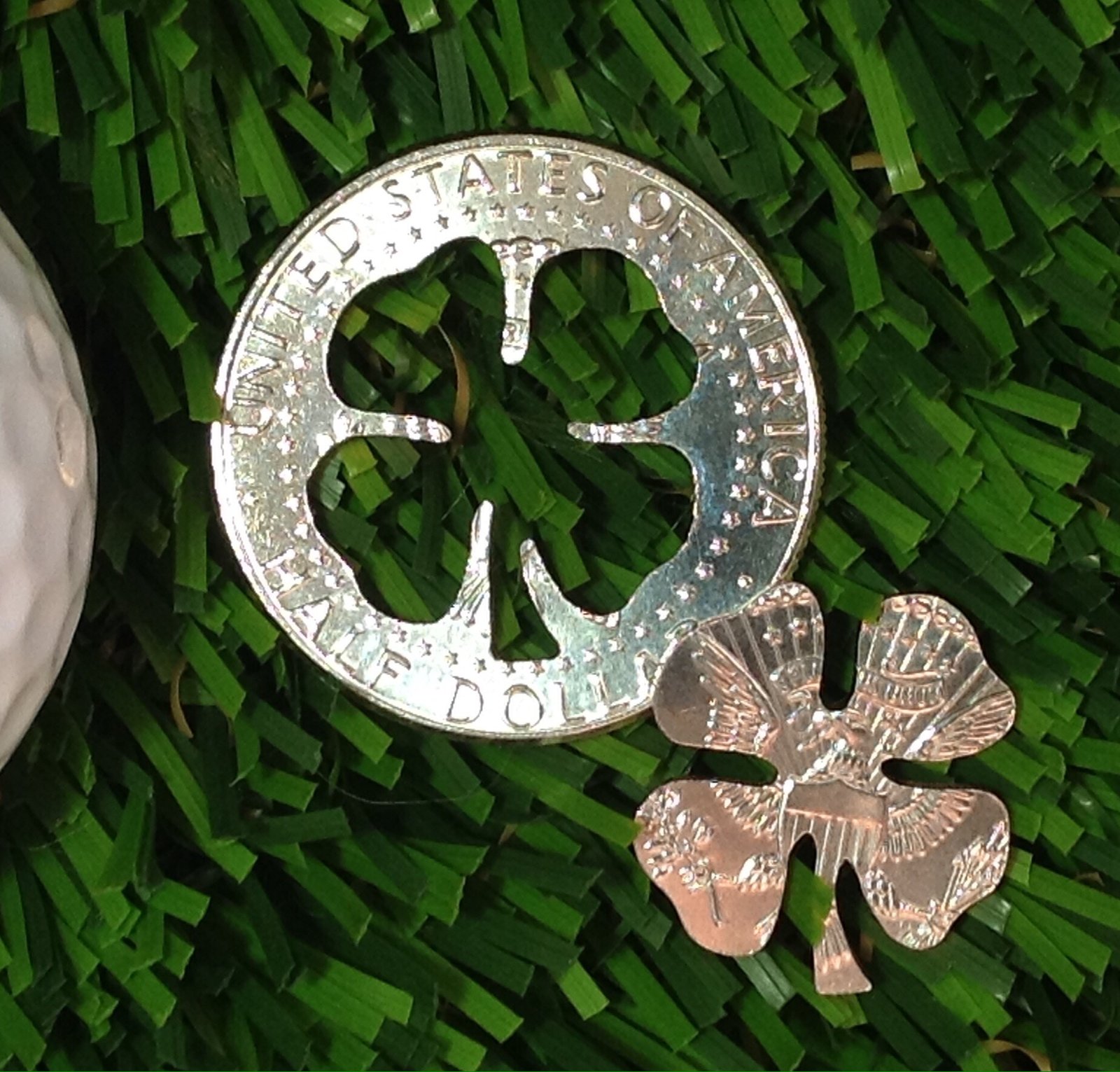 Lucky Golf Ball Marker Four Leaf Clover Cut Coin Half Dollar