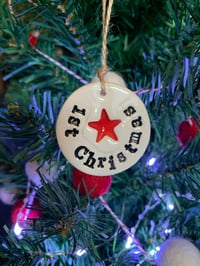 Image 1 of 1st Christmas tag and a red heart tag