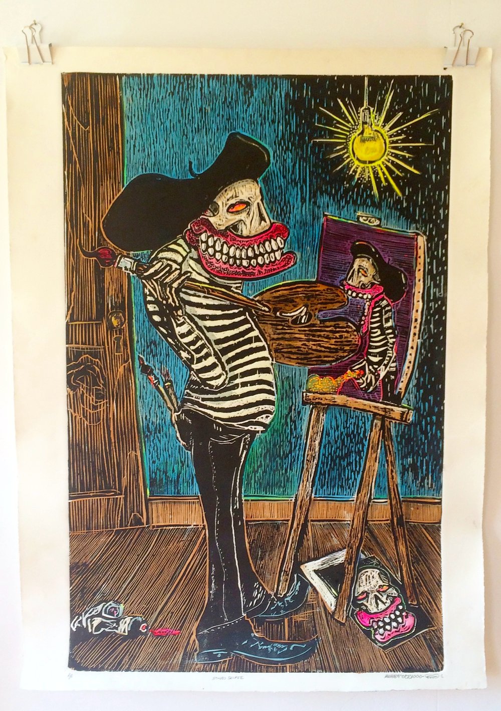 STUDIO SELFIE  Artist Proof Woodcut  Cabin fever exhibition sweden  25 July - 14 August