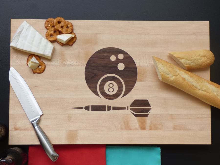 Image of Large Cutting Board with Bowling, Darts and Billiards Inlay