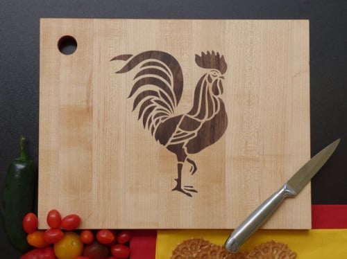 Image of Cutting Board with Intricate Rooster Inlay Design