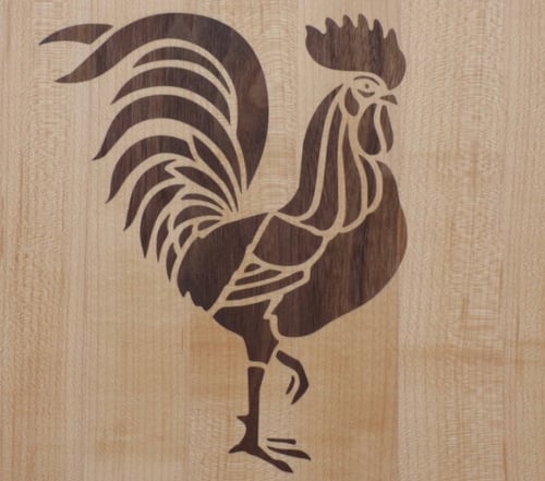 Image of Cutting Board with Intricate Rooster Inlay Design