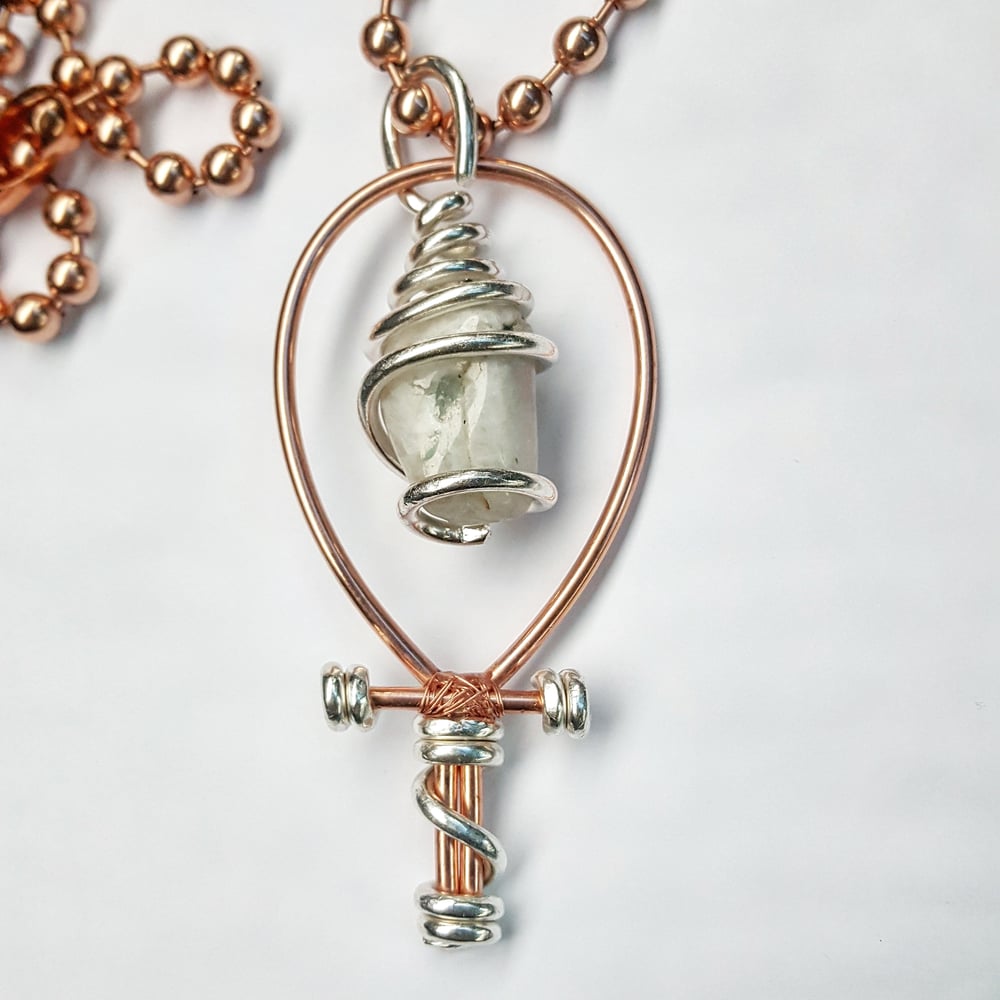 Image of Copper/Silver Electrum Serpentine Wrapped Moonstone Ankh