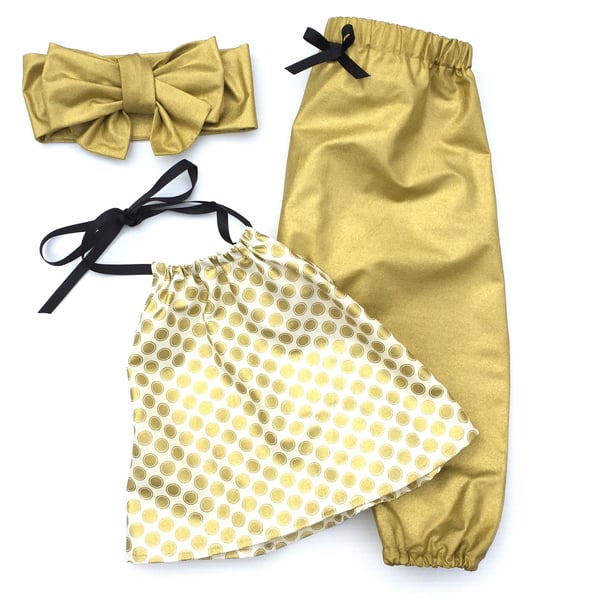 Image of Clothing Set - Gold Metallic Harems Polka Dot Top & Headwrap