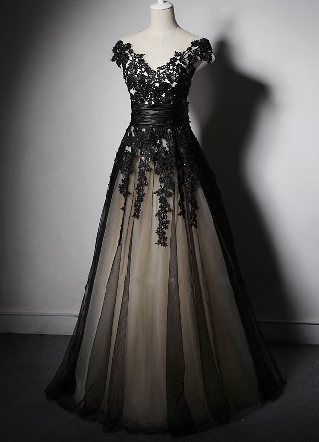 Charming Handmade Black Party Gown with Lace Applique, Prom Gowns, Party Dresses