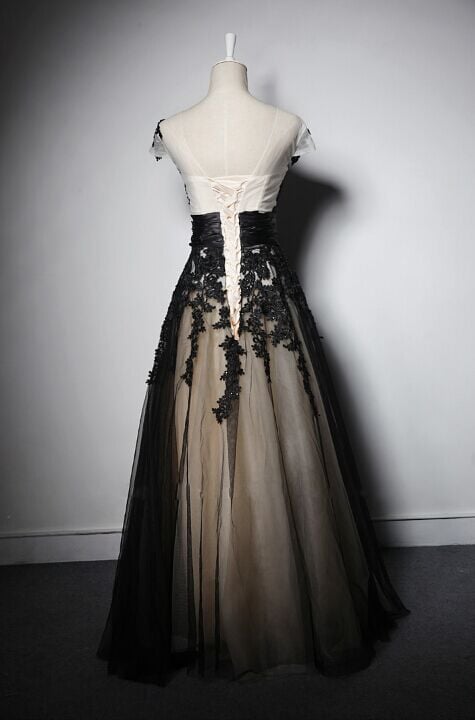 Charming Handmade Black Party Gown with Lace Applique, Prom Gowns, Party Dresses