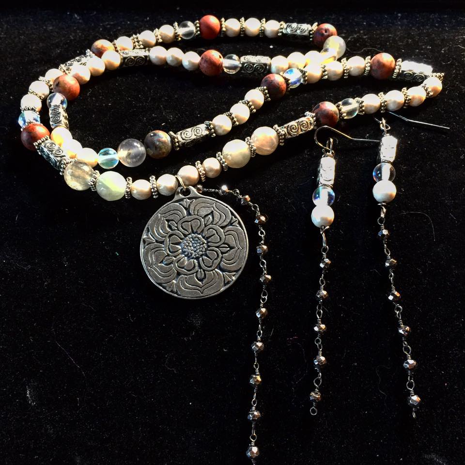 Image of Sacred Marriage Flower infused with Mary Magdalene Energy Necklace and Earring Set