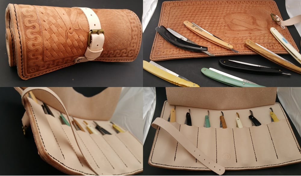 Image of Custom Hand Tooled Leather Straight Razor, Double Edge Razor, etc. travel roll.