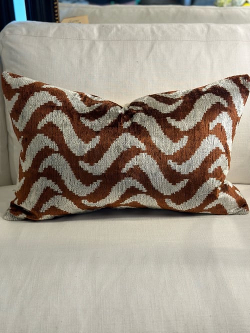 Image of Ikat Velvet Cushion with Copper Squiggle 