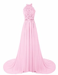 Image 1 of Beautiful Pink Halter Long Chiffon Prom Dress with Lace Applique, Pink Prom Dresses, Party Dresses