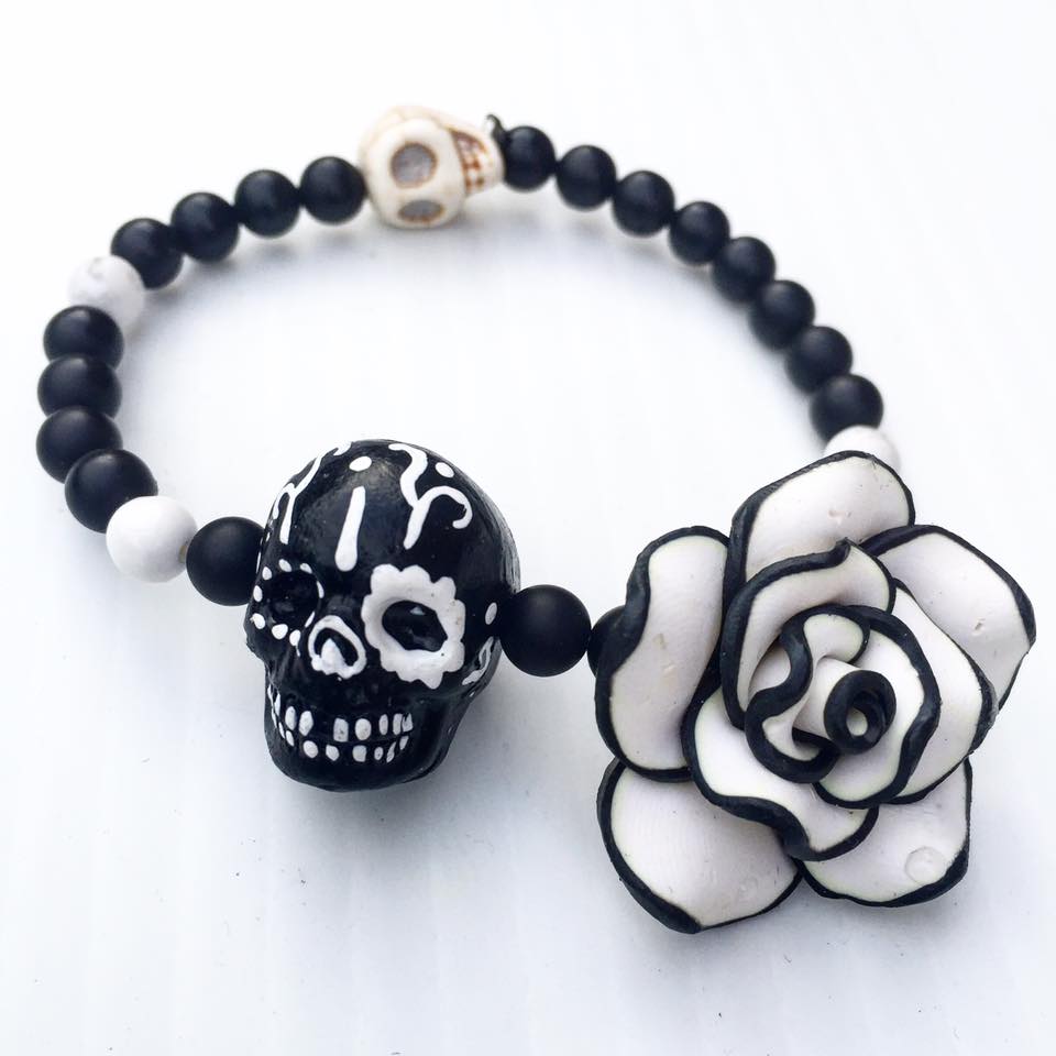 Image of Hand Painted Howlite Skull with Black Onyx