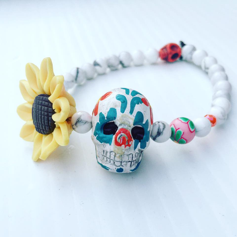 Image of Dia de los Muertos Hand Painted Howlite Skull and howlite beads