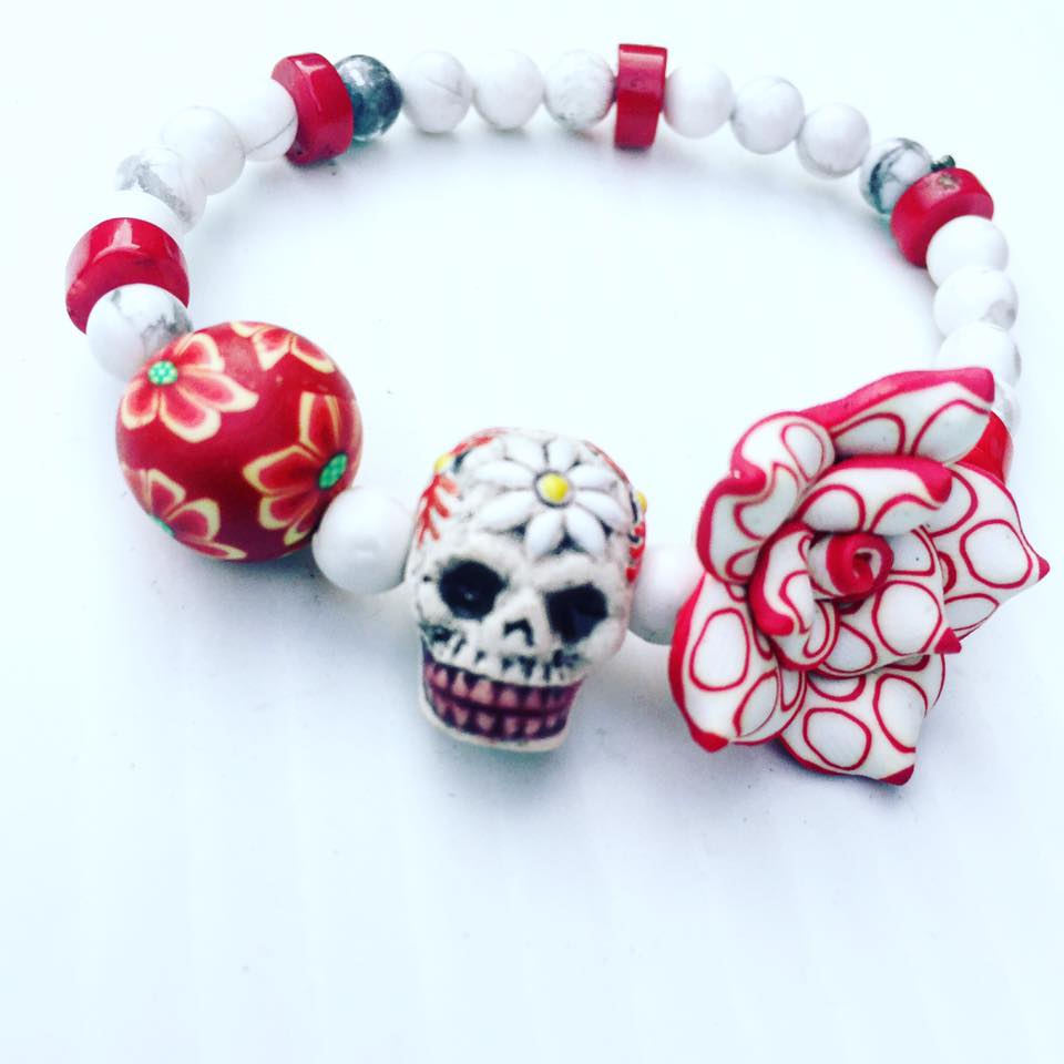 Image of Dia De Los Muertos ~ Howlite Hand Painted Skull with Red Coral