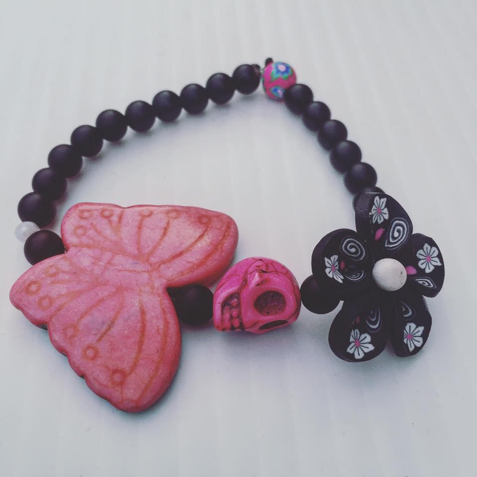 Image of Dia De Los Muertos~ Hand Painted Howlite Skull Butterfly and onyx