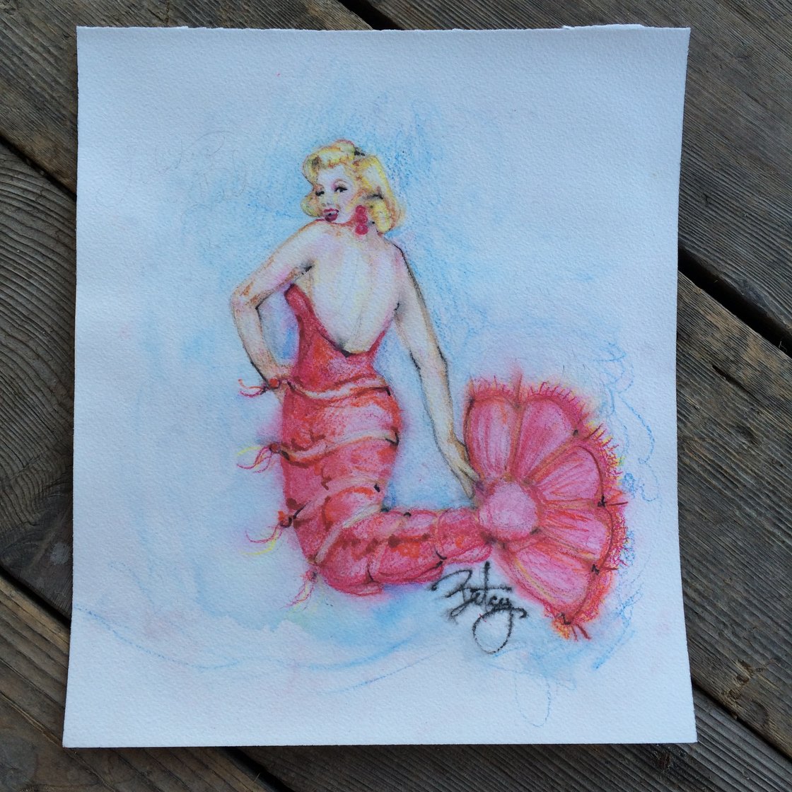 Image of "Lobster Monroe" Original Watercolor Marilyn Monroe Mermaid Art