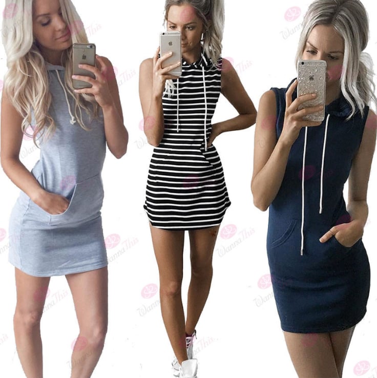 Image of Fashionable stripe sleeveless hooded dress
