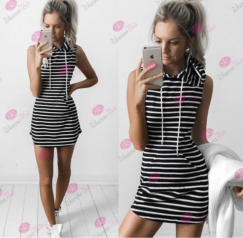 Image of Fashionable stripe sleeveless hooded dress