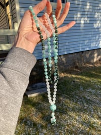 Image 5 of Green Pectolite Seraphintie Girasol Quartz Mala, Green Pectolite 108 Bead Hand Knotted Gemstone Mala