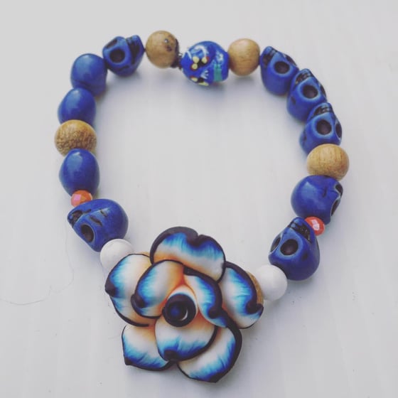 Image of Dia De Los Muertos~ Howlite Skull Bracelet with wood