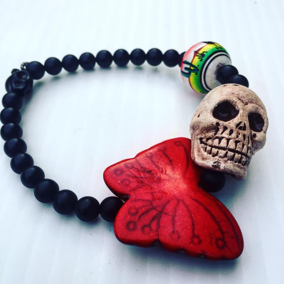 Image of Dia De Los Muertos~ Butterfly Skull Bracelet, Howlite and Onyx and Hand Painted Bead