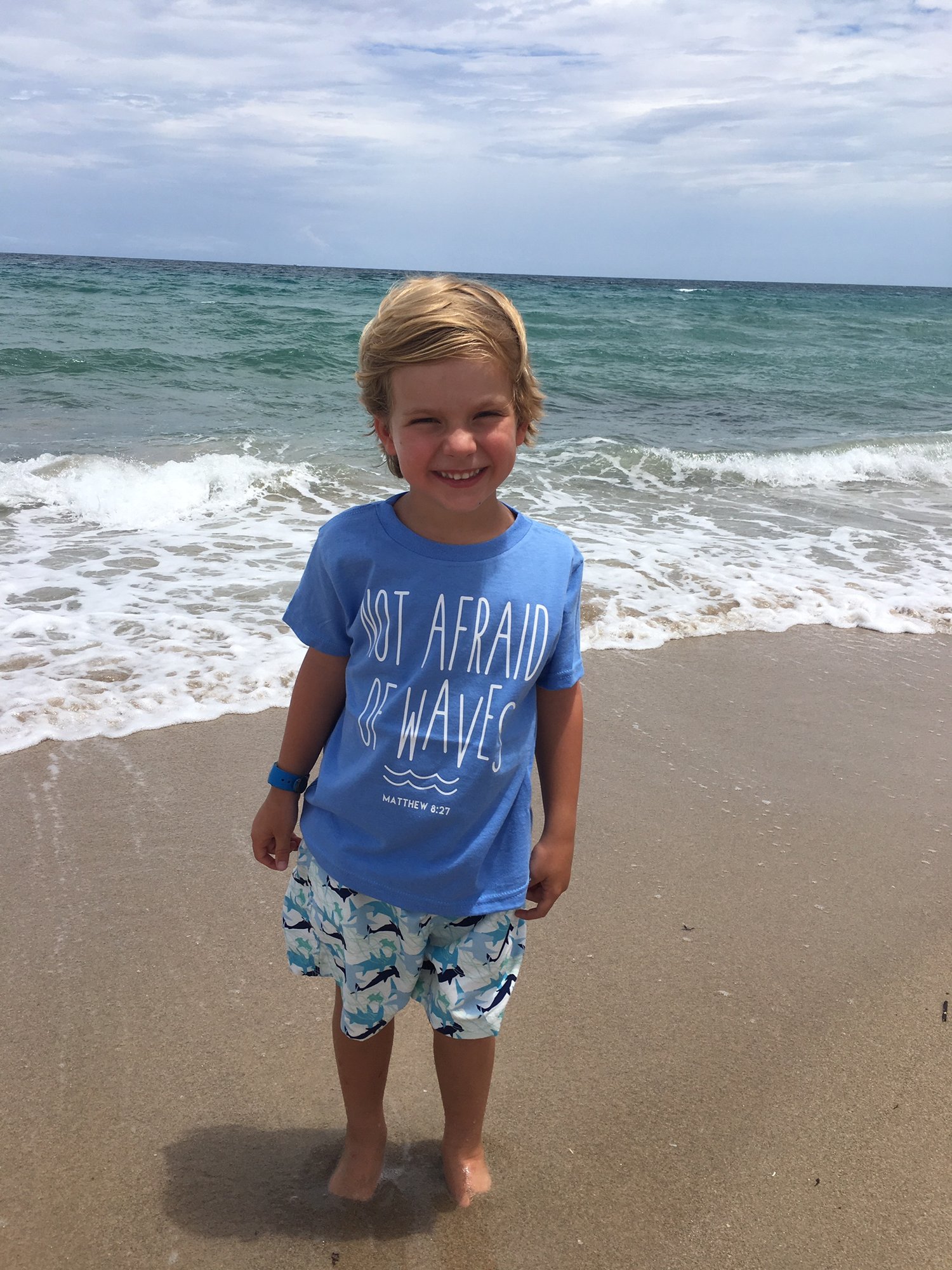 Image of NOT AFRAID OF WAVES - MATTHEW 8:27 - TODDLER BOY TEE - BLUE TRIBLEND WITH WHITE