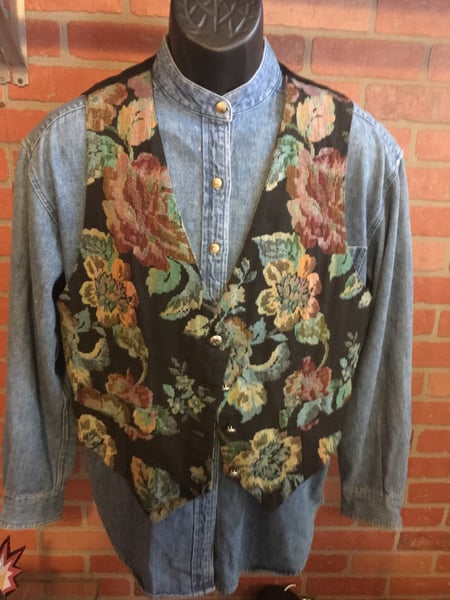 Image of Women's Floral vest on unisex denim button down shirt