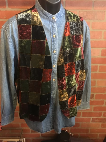 Image of Velvet multicolor women's vest on unisex denim shirt