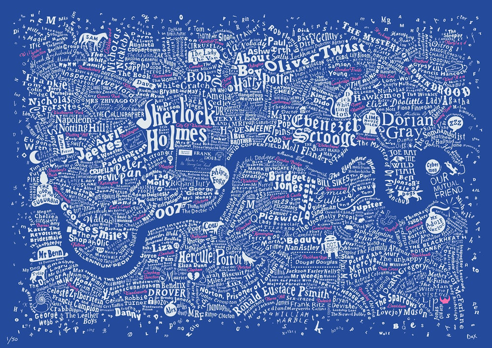 Literary London Map (White & Pink on Royal Blue Plike)