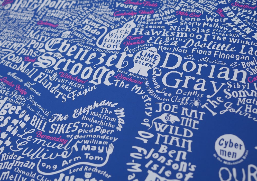 Literary London Map (White & Pink on Royal Blue Plike)