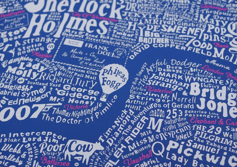 Literary London Map (White & Pink on Royal Blue Plike)