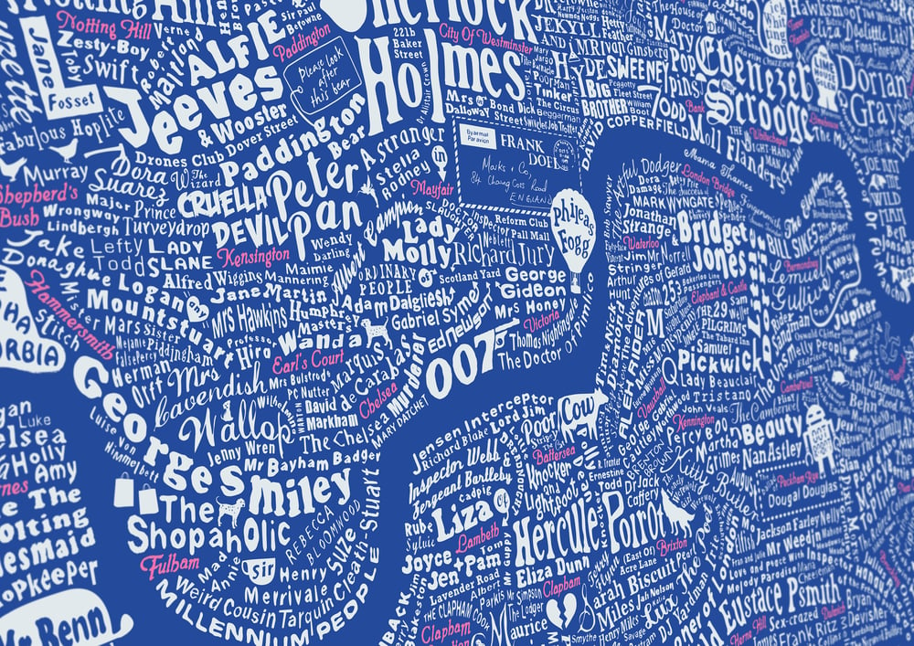 Literary London Map (White & Pink on Royal Blue Plike)