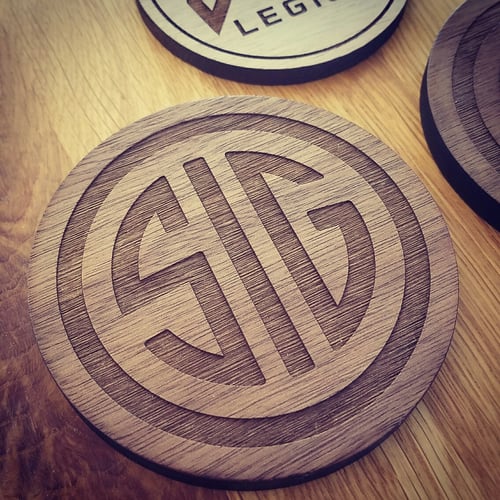 Image of Sig Laser engraved Walnut wood drink coaster set of 2