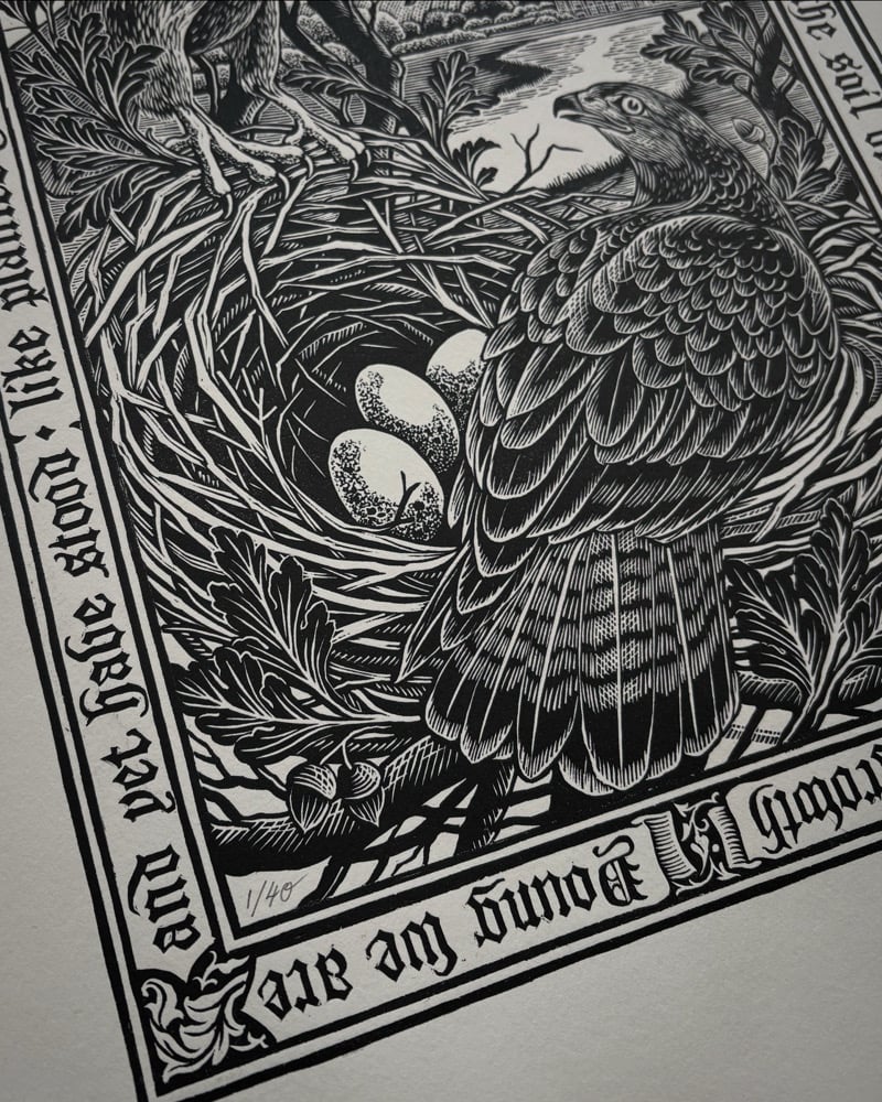 Image of ‘Blickling Buzzards’ Original Woodblock Print - Black on Ivory 